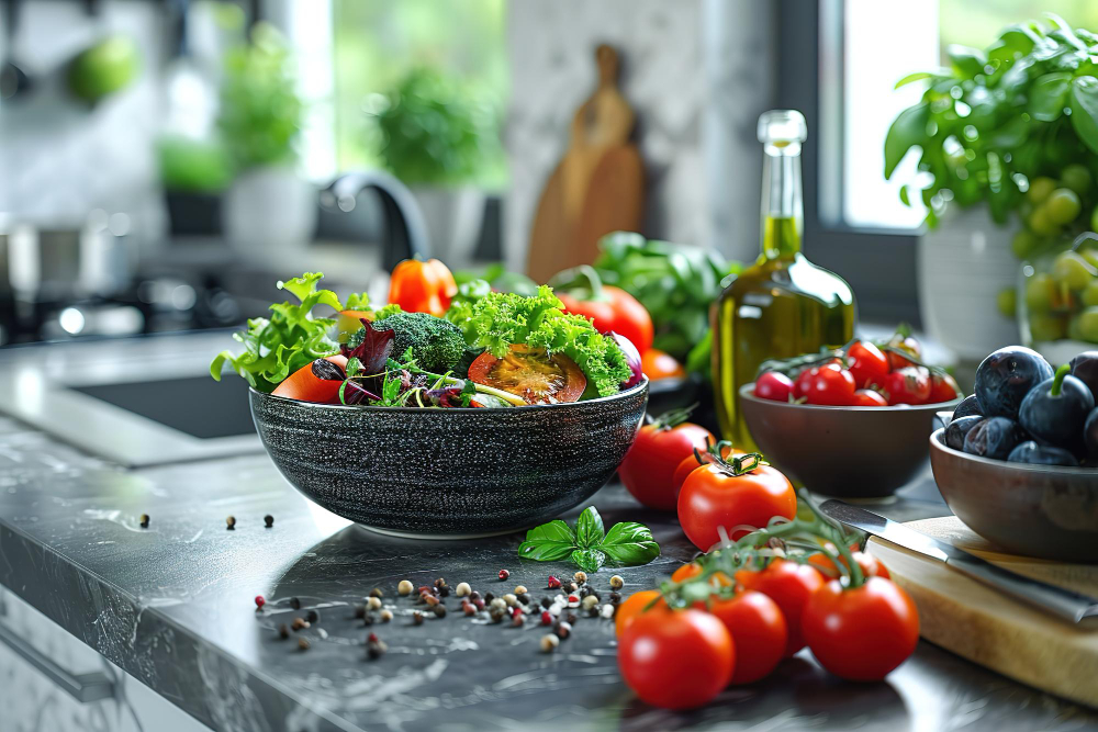 Professional kitchen and fresh ingredients